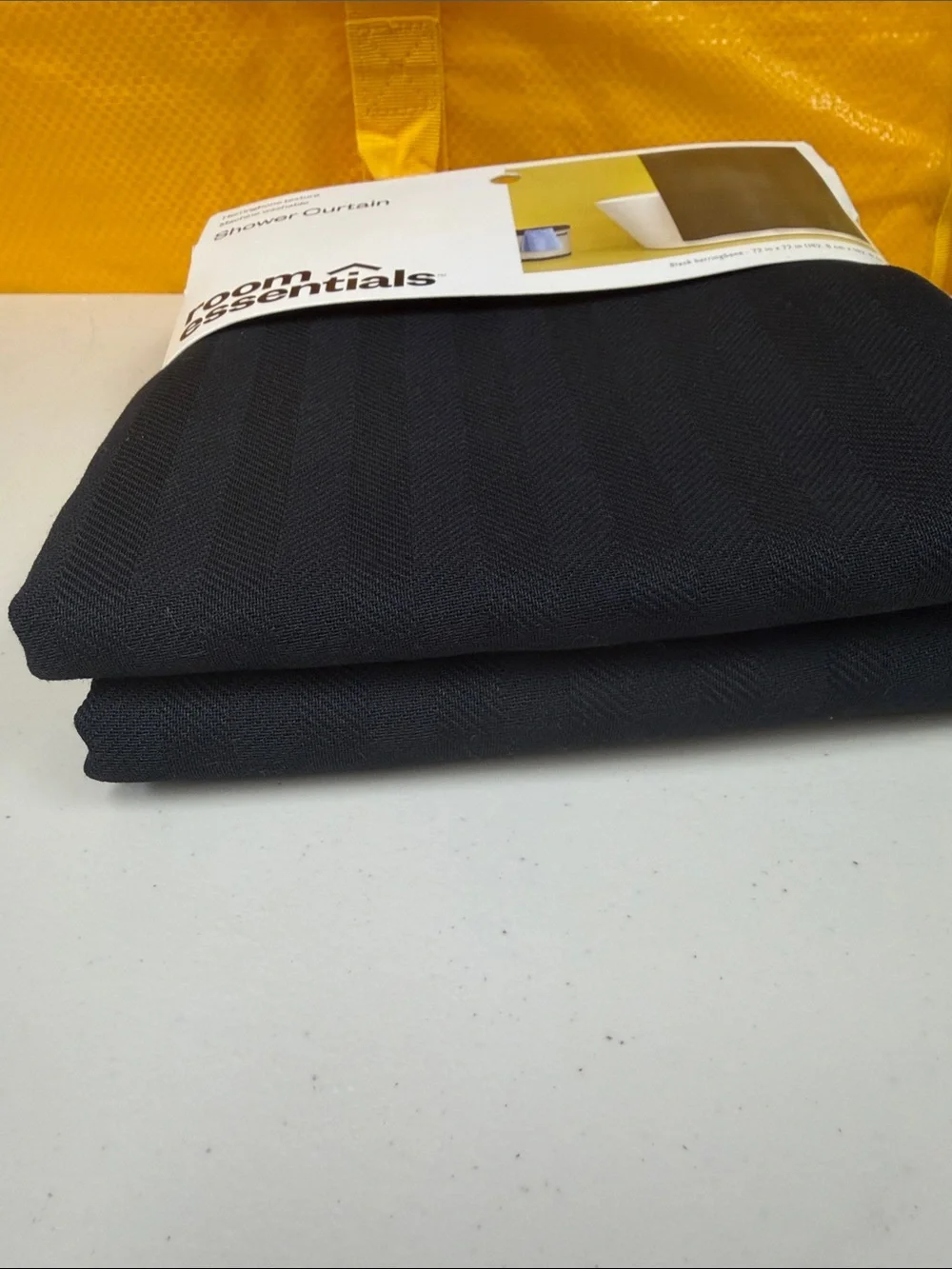 Room Essentials Black Textured Herringbone Shower Curtain buttonhole top 72 inch